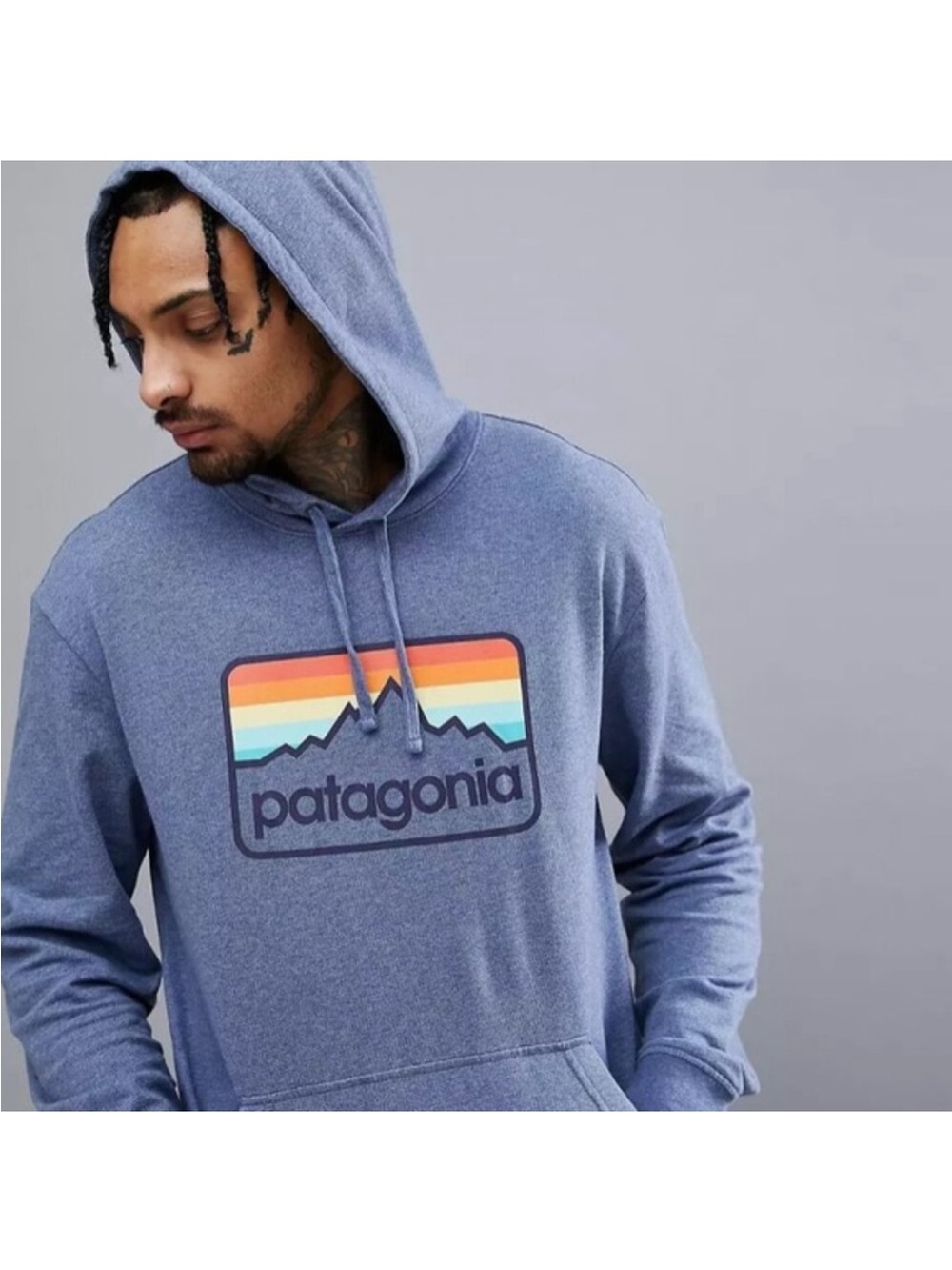 Patagonia Blue Pullover Hoodie with Sunset Mountain Logo